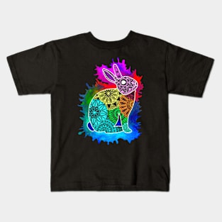 Rainbow rabbit mandala with watercolor splash Kids T-Shirt